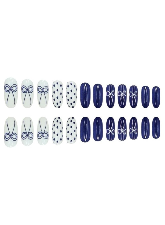 Sevgob Almond Press on Nails Medium Nails Press on Polka Dots False Nails with Bow Design Glossy Full Cover Dark Blue Glue on Nails Cute Glitter Acrylic Nail Fall Winter Fake Nail for Women Manicure 24Pcs - Image 5